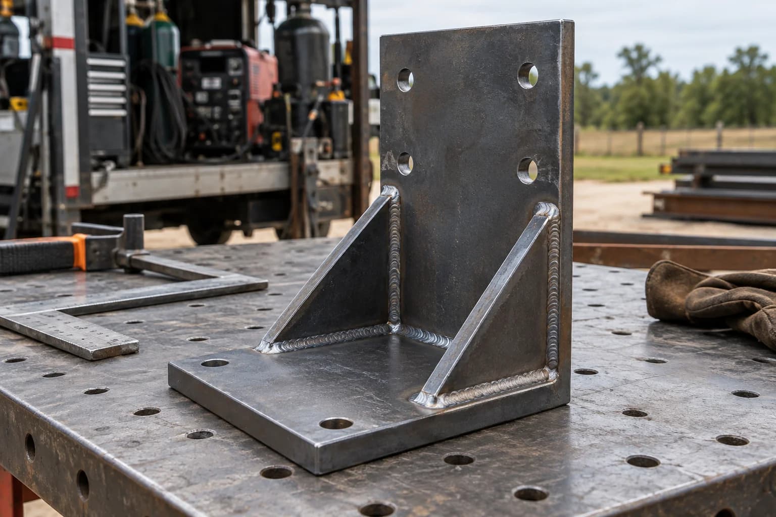 AI-generated illustration: Custom gusseted steel mounting bracket on a fabrication table