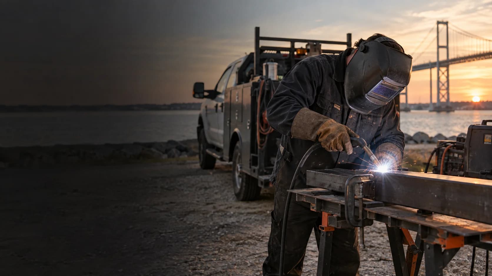 AI-generated illustration: Mobile welder fabricating steel at an outdoor job site